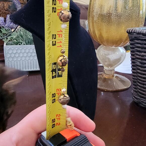 Vintage Long Necklace with Bronze Rose Beads and Faux Pearls Gold Tone Jewelry - Picture 10 of 10